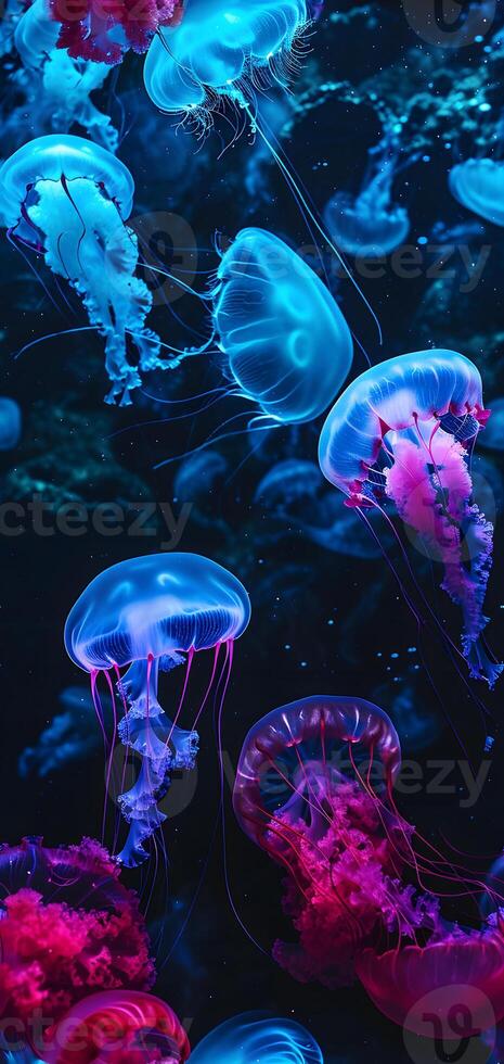 AI Generated glowing sea jellyfishes on dark background, neural network generated image photo