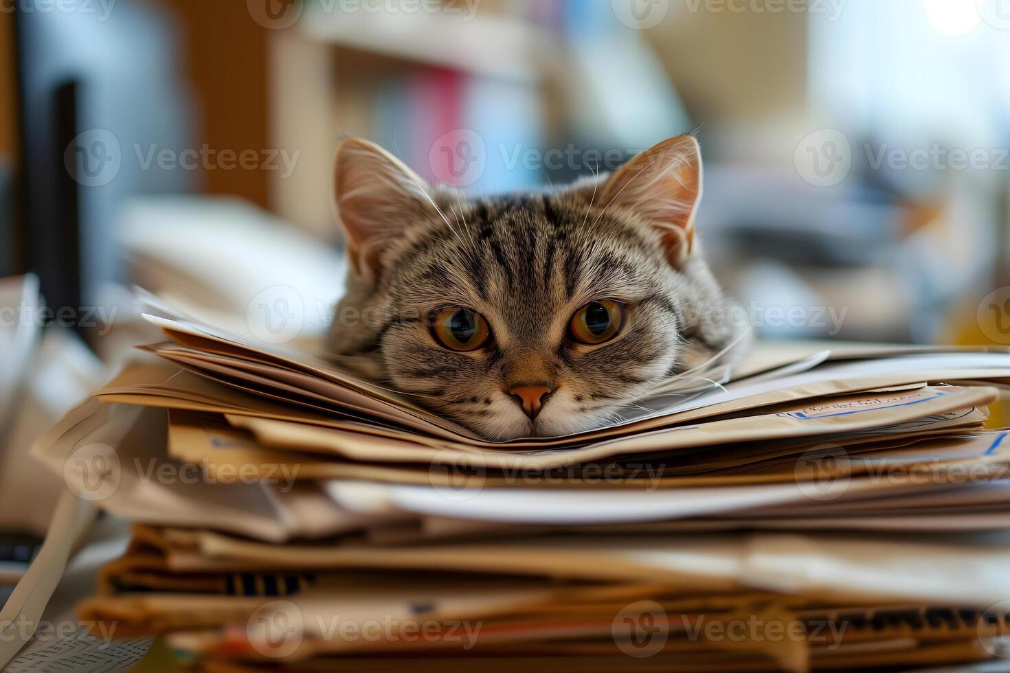 AI Generated cat in an office, overwhelmed by a mountains of paperwork photo