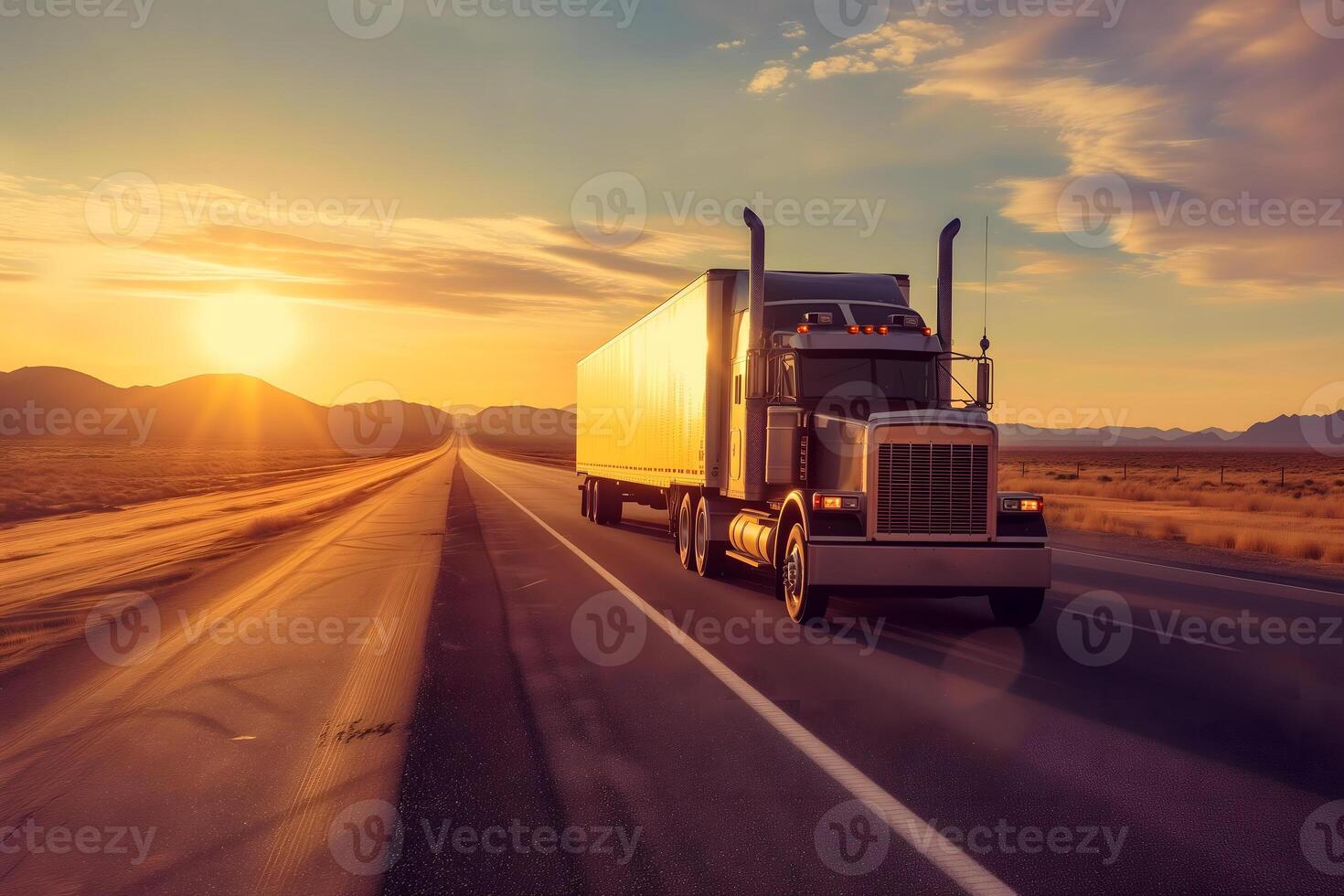 AI Generated Classic American long-nose semitruck on a highway photo