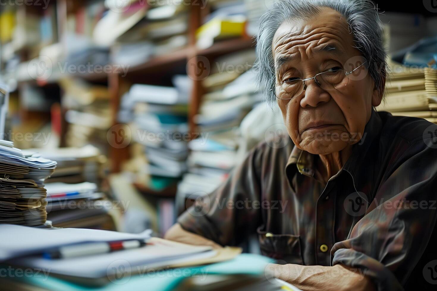 AI Generated Senior Asian woman in an office, overwhelmed by a mountains of paperwork photo