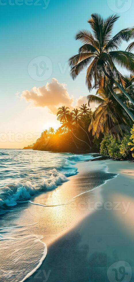 AI Generated tropical beach view at sunset or sunrise with white sand, turquoise water and palm trees photo