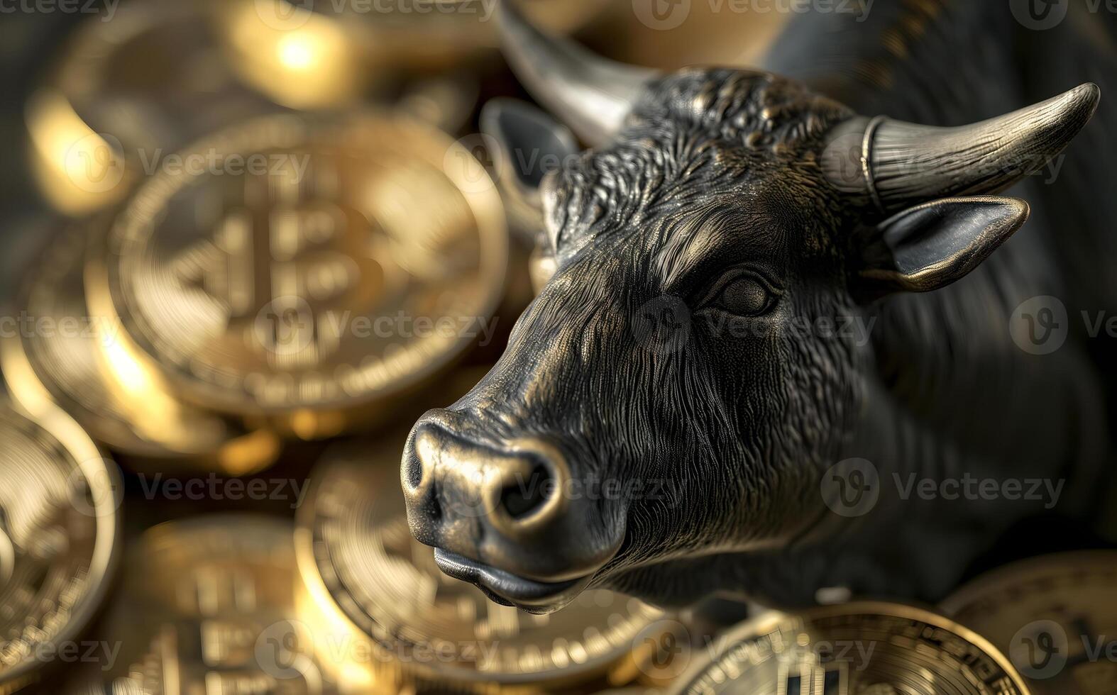 AI Generated Bull with bitcoin. Bullish trend concept. photo