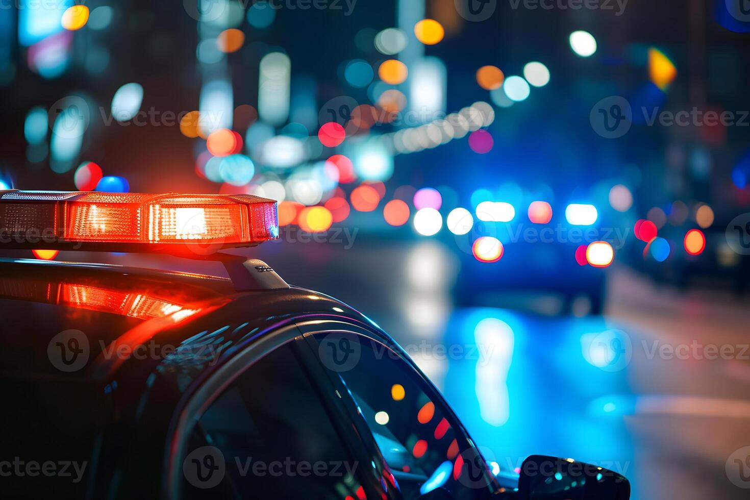 AI Generated police car lights at night in city street with selective focus and bokeh photo