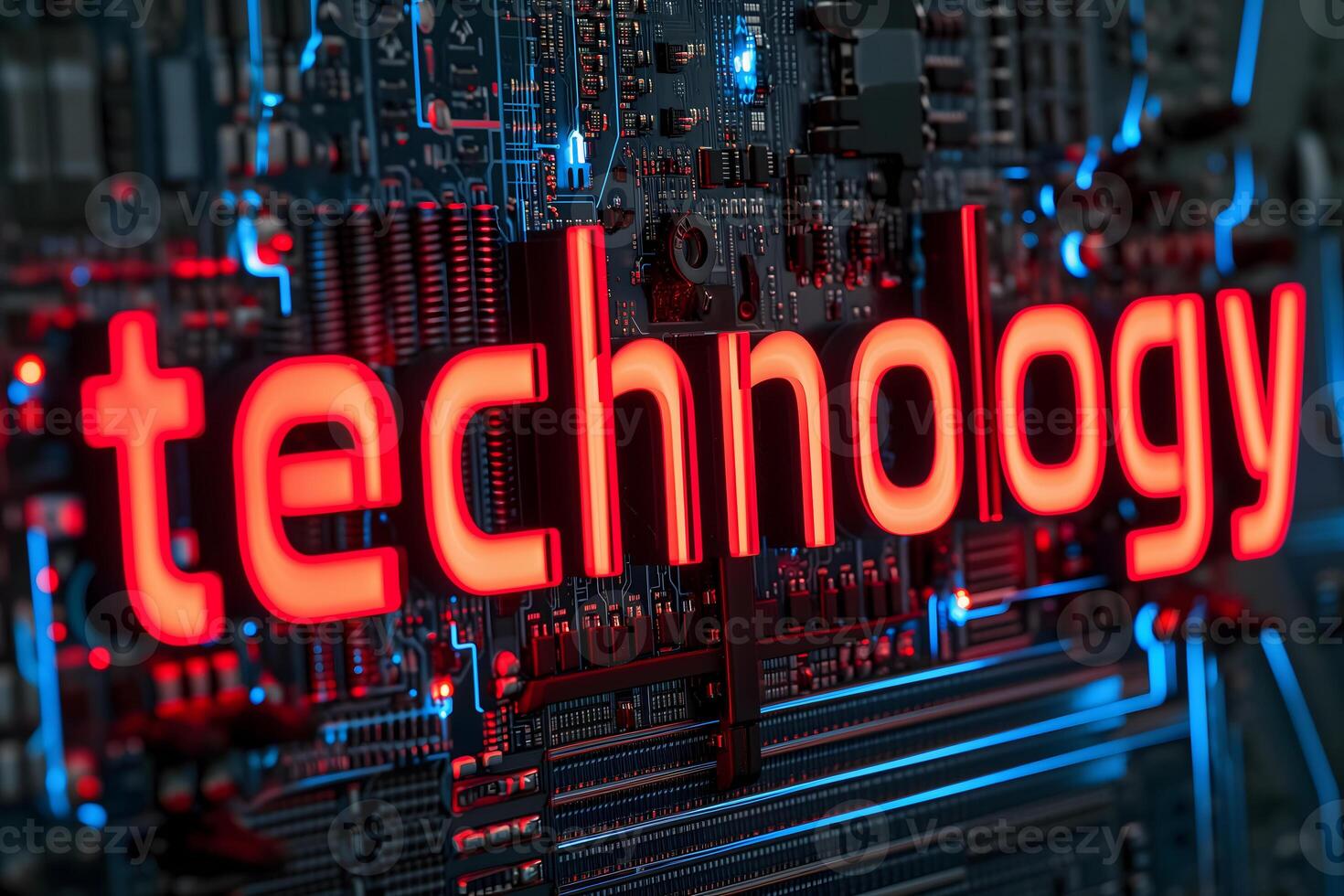 AI Generated the word technology on circuit board background, closeup photo