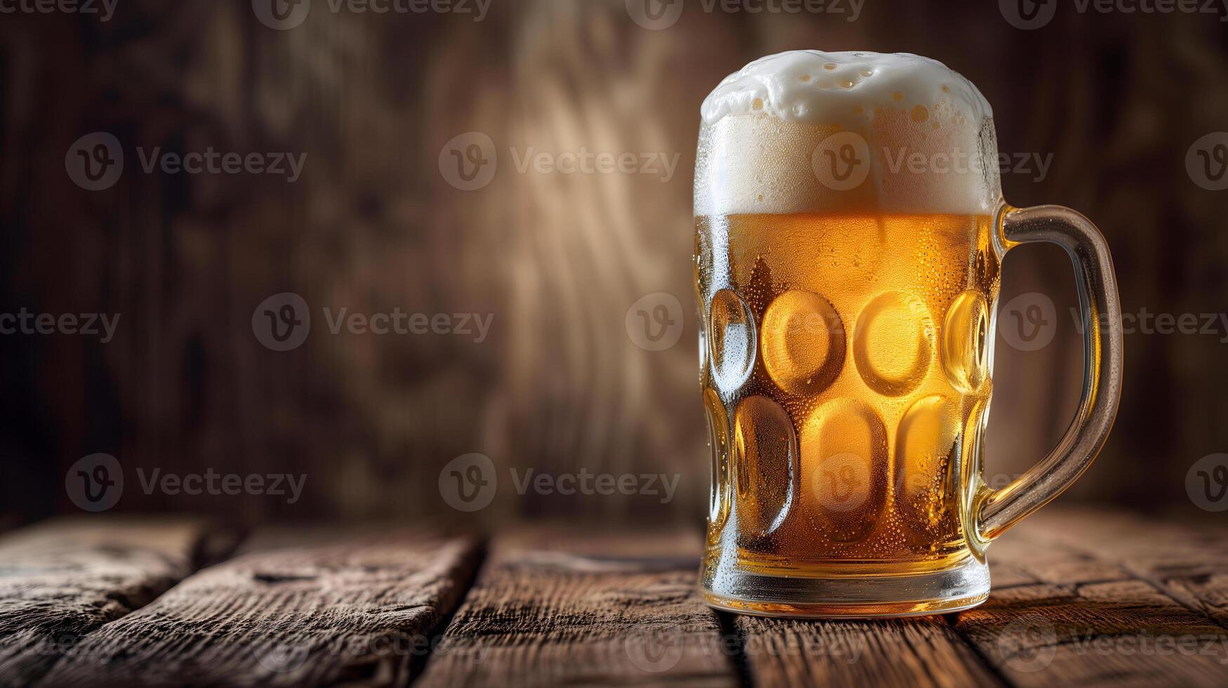 AI Generated cold mug with beer, with overflowing froth, on wooden table and dark background with copy space, side view photo