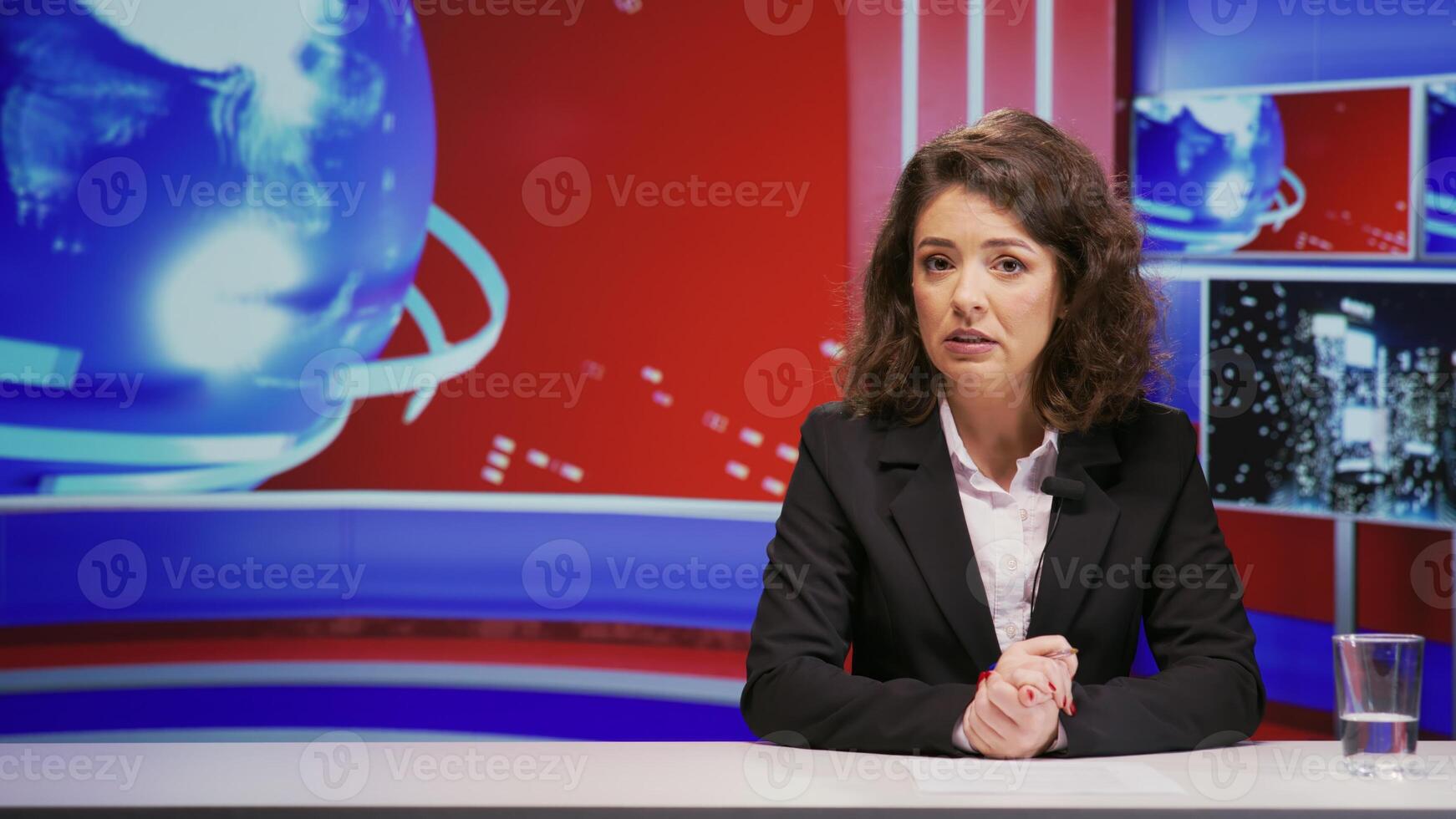 News anchor talks about global events, presenting new information and updates on international television program. Professional journalist show host starting live tv transmission. photo
