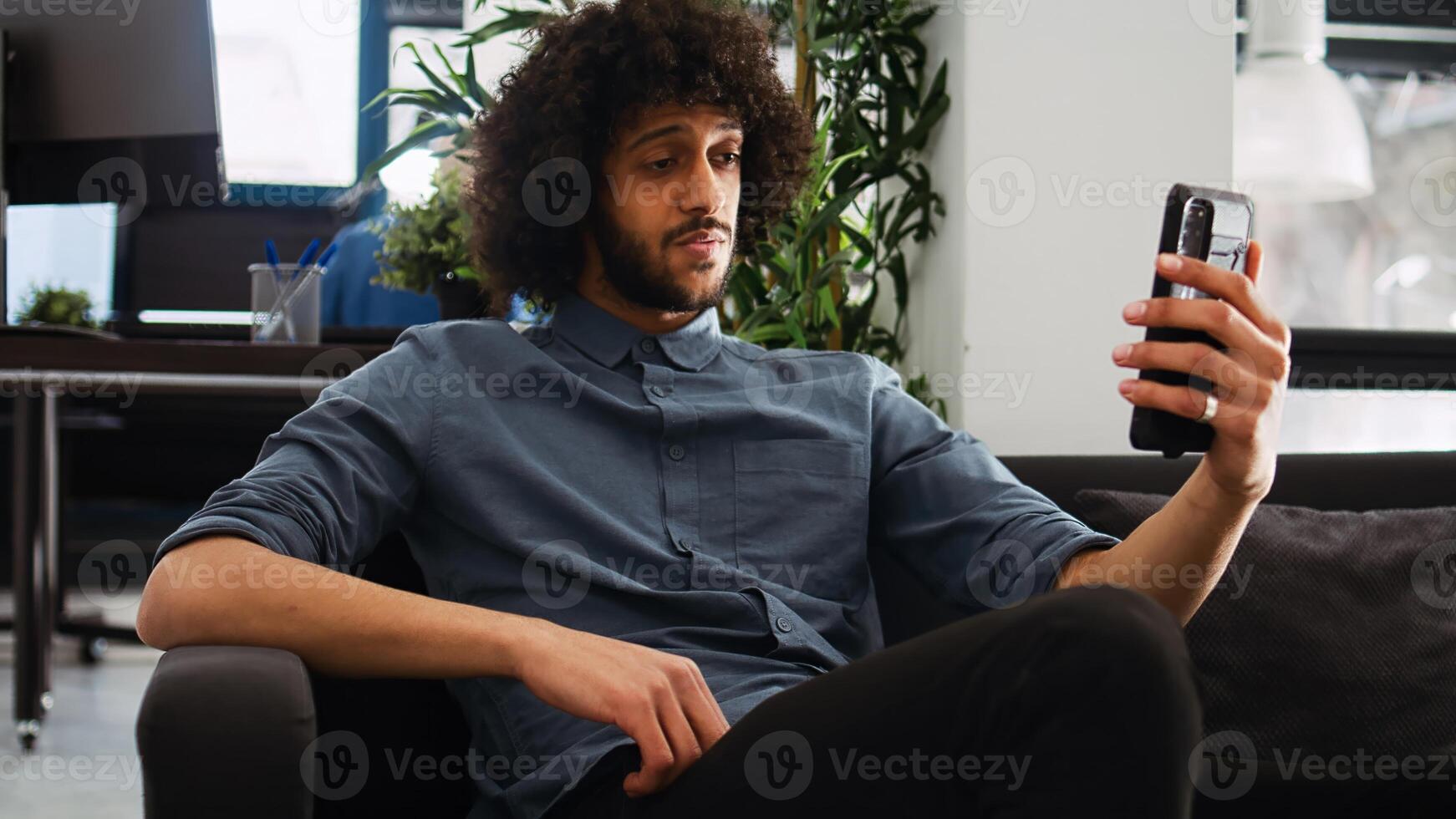 Startup worker in briefing meeting videoconference, discussing about new project on online videocall. Businessman presenting investment strategy for company progress, teleconference. photo