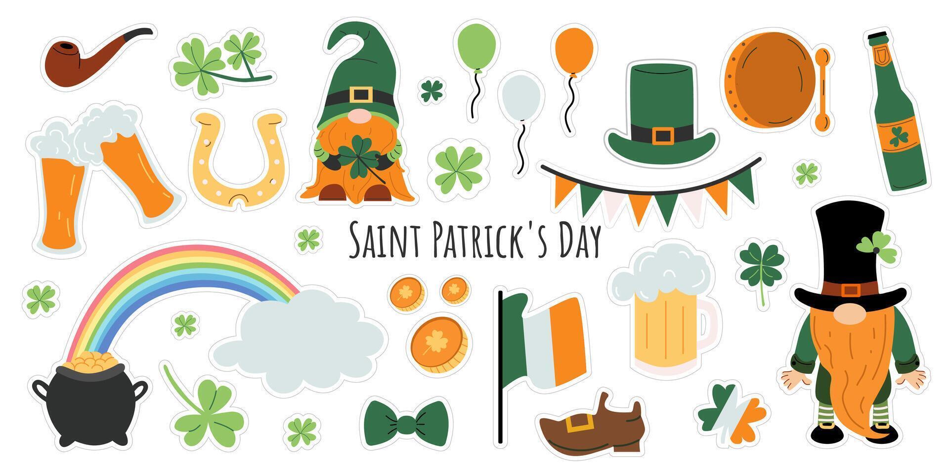 St. Patrick's day sticker set. Irish holiday Saint Patrick's Day.  Vector set with leprechauns, Irish flag and beer, clover, pot of gold and rainbow. Hand drawn illustration.