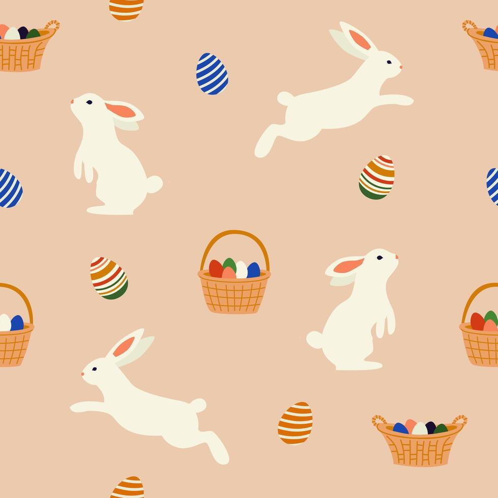Easter seamless pattern. Cute pattern with Easter bunny, eggs and basket. Beautiful background, great for Easter Cards, banner, textiles, wallpapers. Vector illustration.
