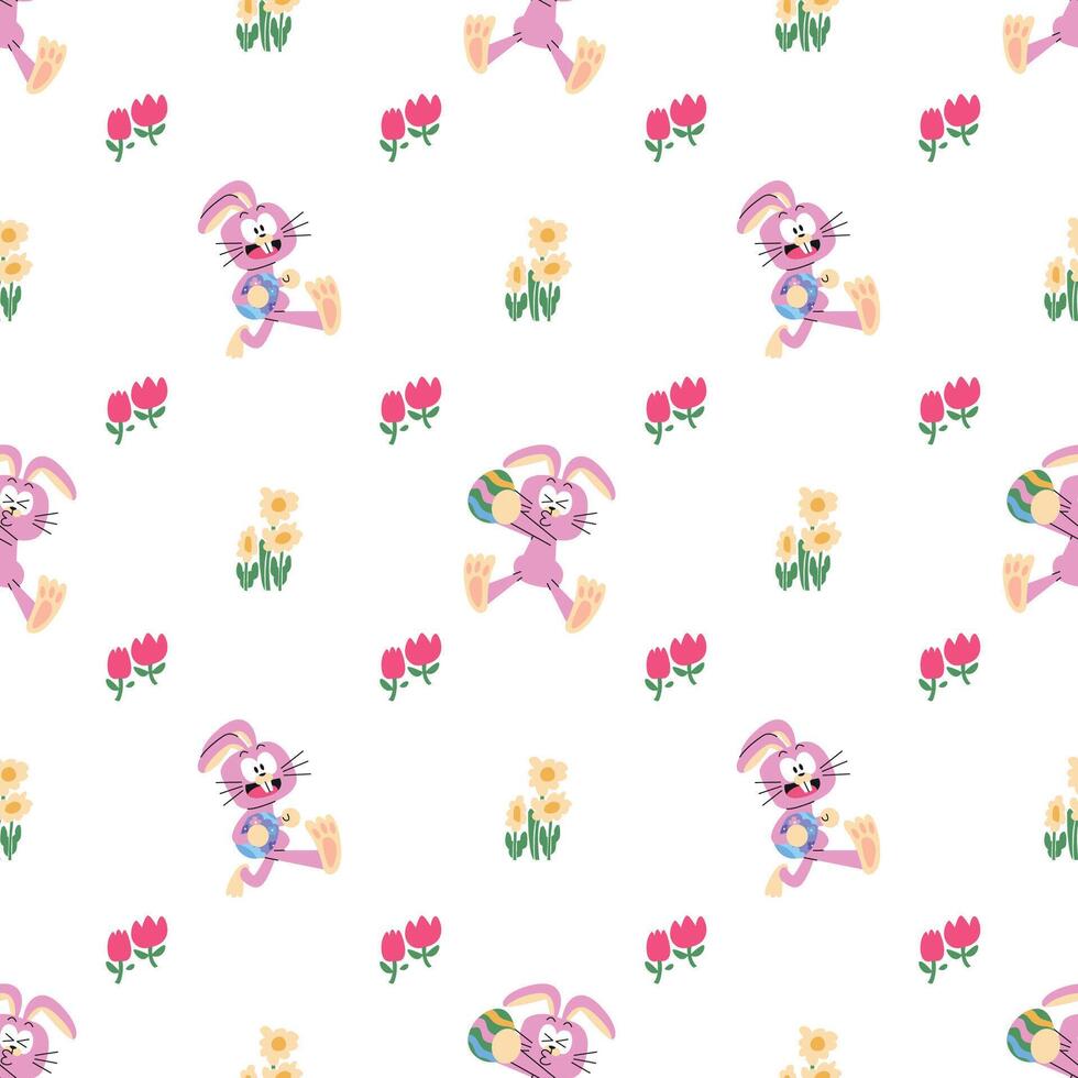 PINK EASTER BUNNY IS HOLDING AN EGG WITH FLOWER PATTERN DESIGN vector