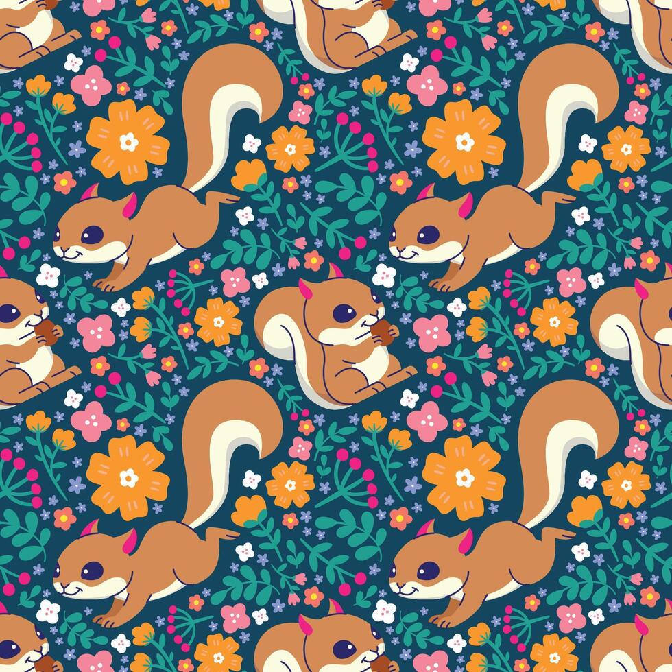 CUTE SQUIRREL WITH FLORAL BACKGROUND SEAMLESS PATTERN vector