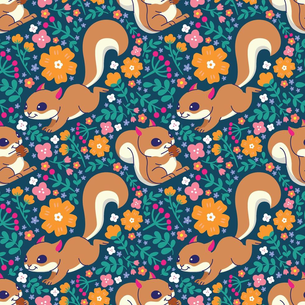 CUTE SQUIRREL WITH FLORAL BACKGROUND SEAMLESS PATTERN vector