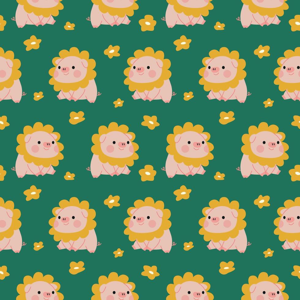 CUTE PIG WITH SUN FLOWER ON HIS HEAD SEAMLESS PATTERN vector