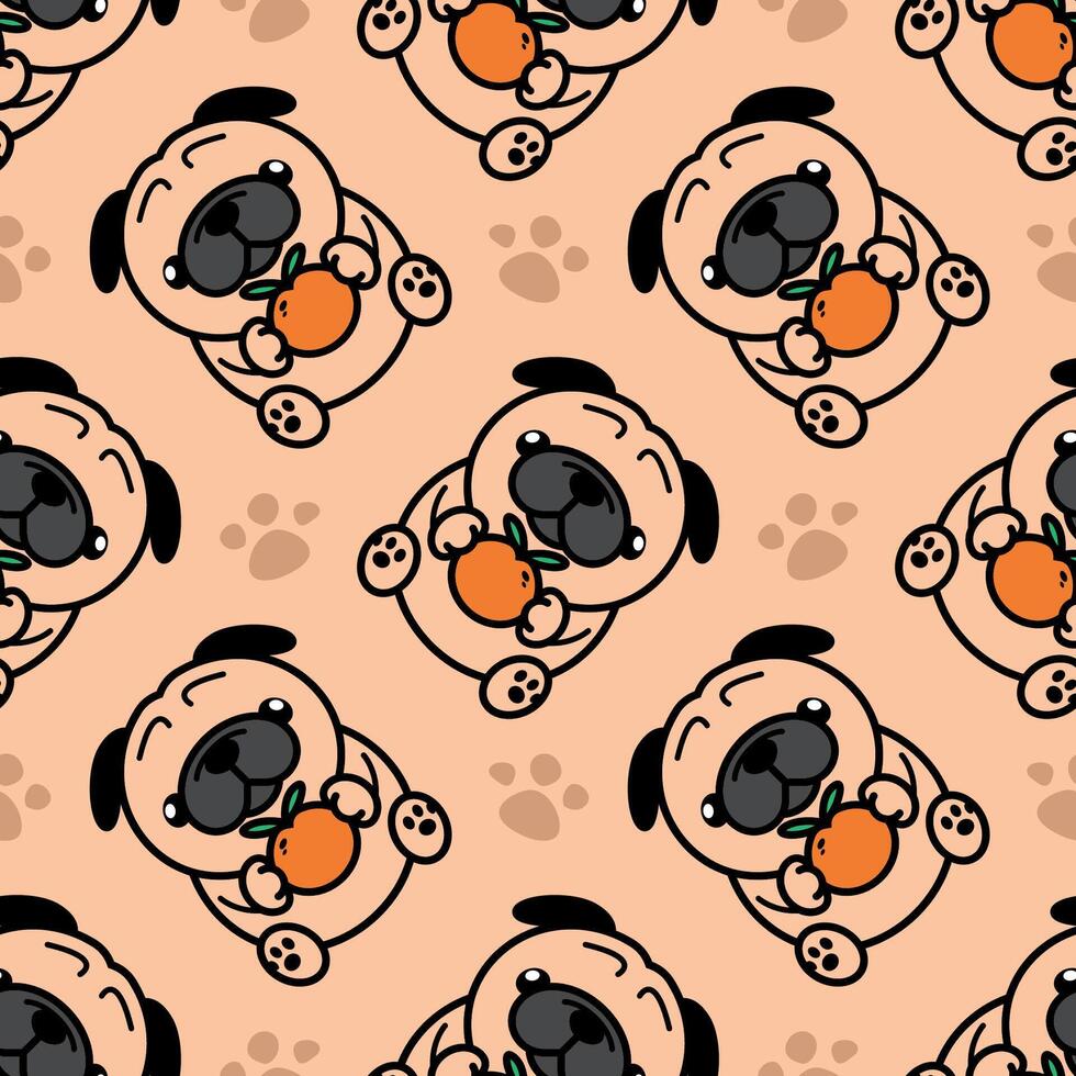 CUTE PUG IS HOLDING AN ORANGE WITH DOG PAWS SEAMLESS PATTERN vector