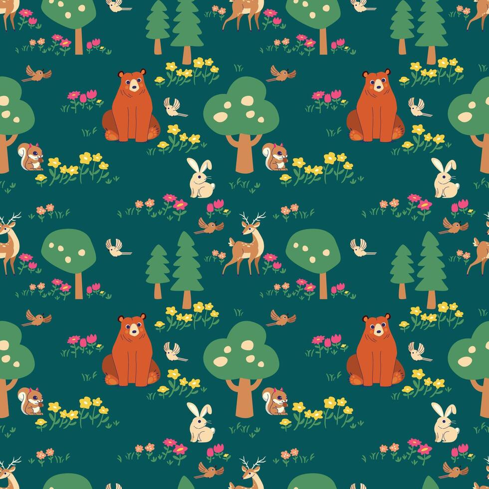 ANIMAL WITH FLORAL AND PLANT SPRING SEASON SEAMLESS PATTERN vector
