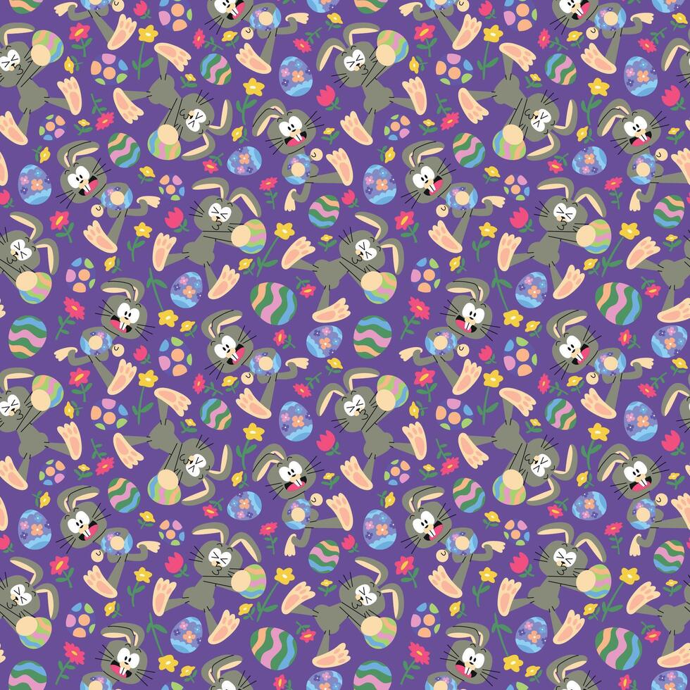 FUNNY EASTER BUNNY WITH EGG AND FLOWERS SEAMLESS PATTERN vector