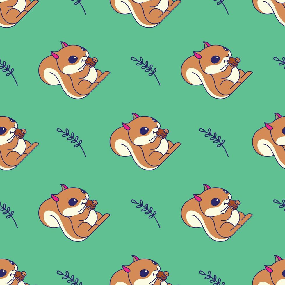 A CUTE IS EATING A NUT WITH FLORAL SEAMLESS PATTERN vector