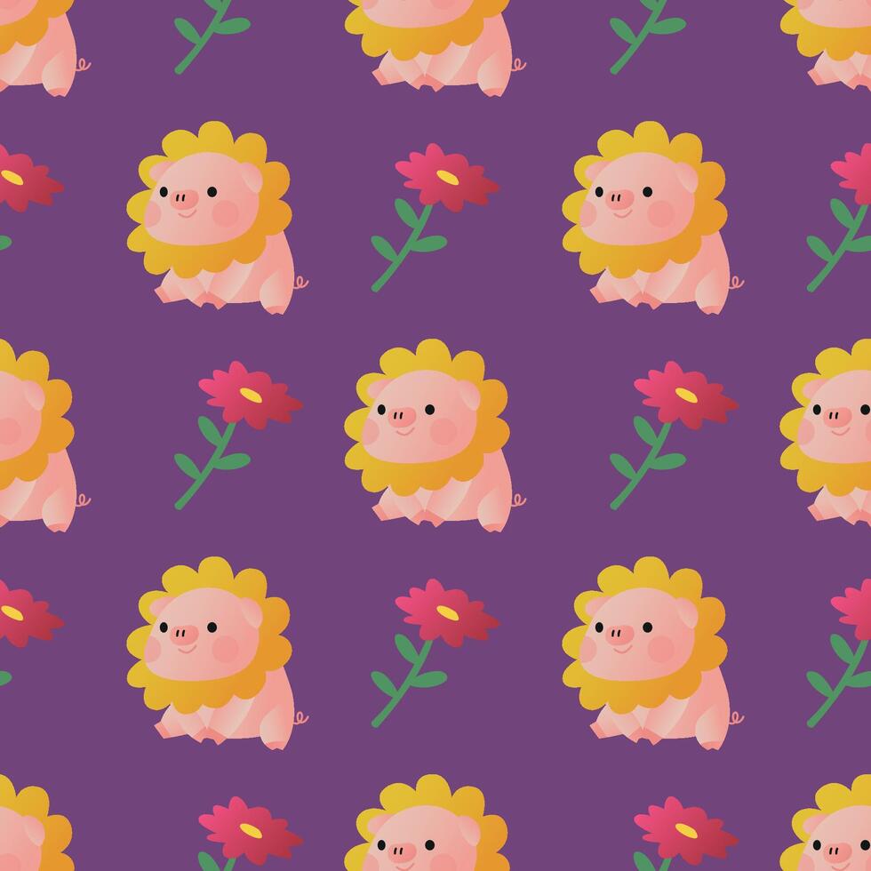 CUTE PIG WITH SUN FLOWER ON HIS HEAD FLAT SEAMLESS PATTERN vector