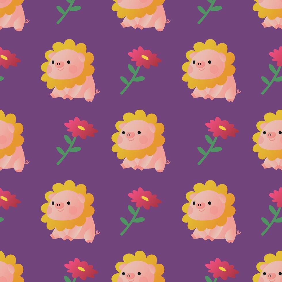 CUTE PIG WITH SUN FLOWER ON HIS HEAD FLAT SEAMLESS PATTERN vector