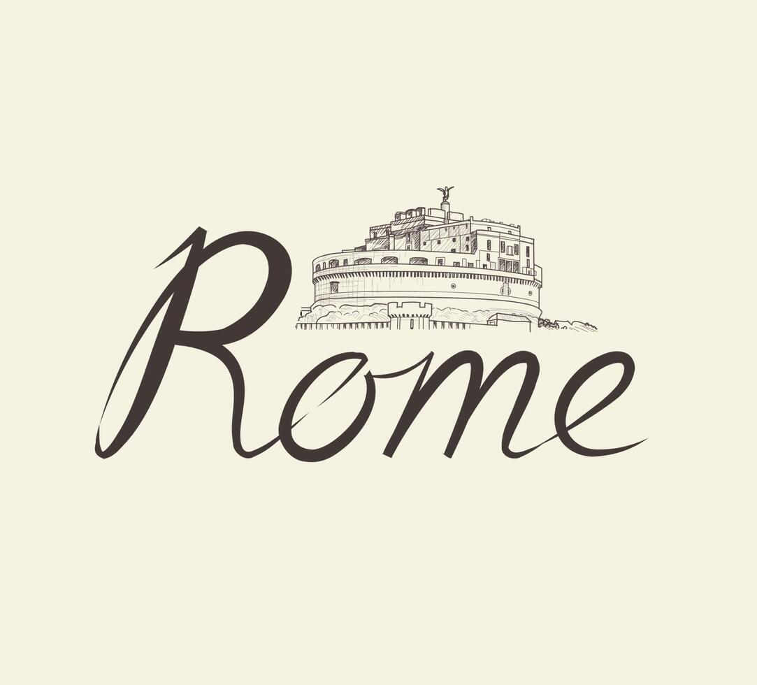 Rome landmark, lettering. Travel Italy background. City engraving landscape. Rome cityscape with Castle Saint Angel. vector