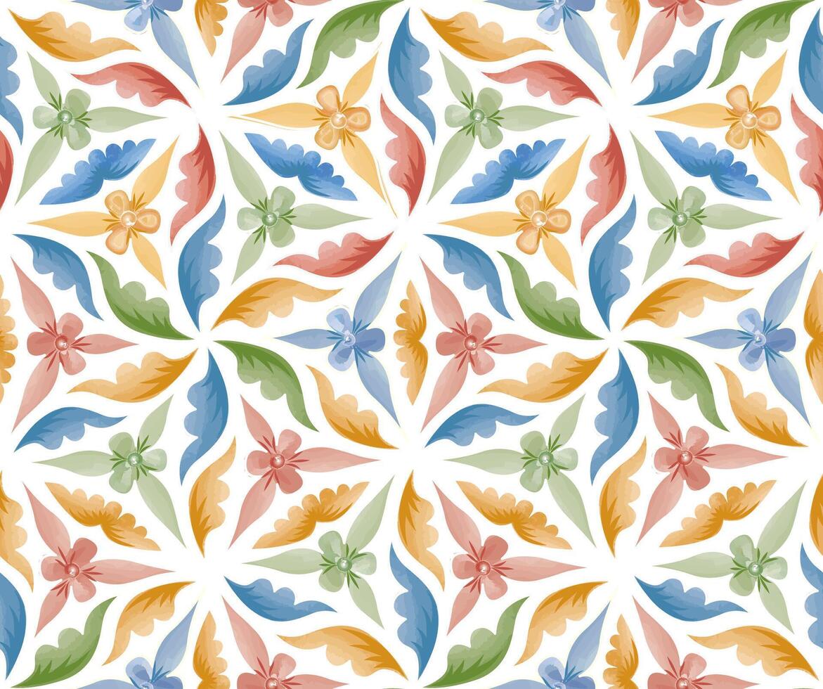 Floral ornamental pattern. Flowers and leaves background in ancient russian style. Seamless flourish in medieval european interior decoration style. vector