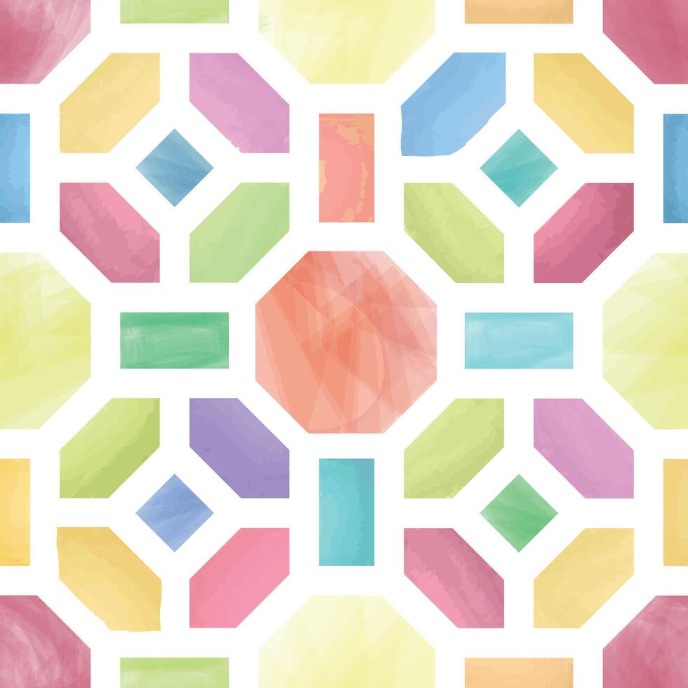Artistic geometric watercolor seamless pattern. Abstract outline colored texture. Cube, rhomb, hexagon stylish ornamental retro design element vector