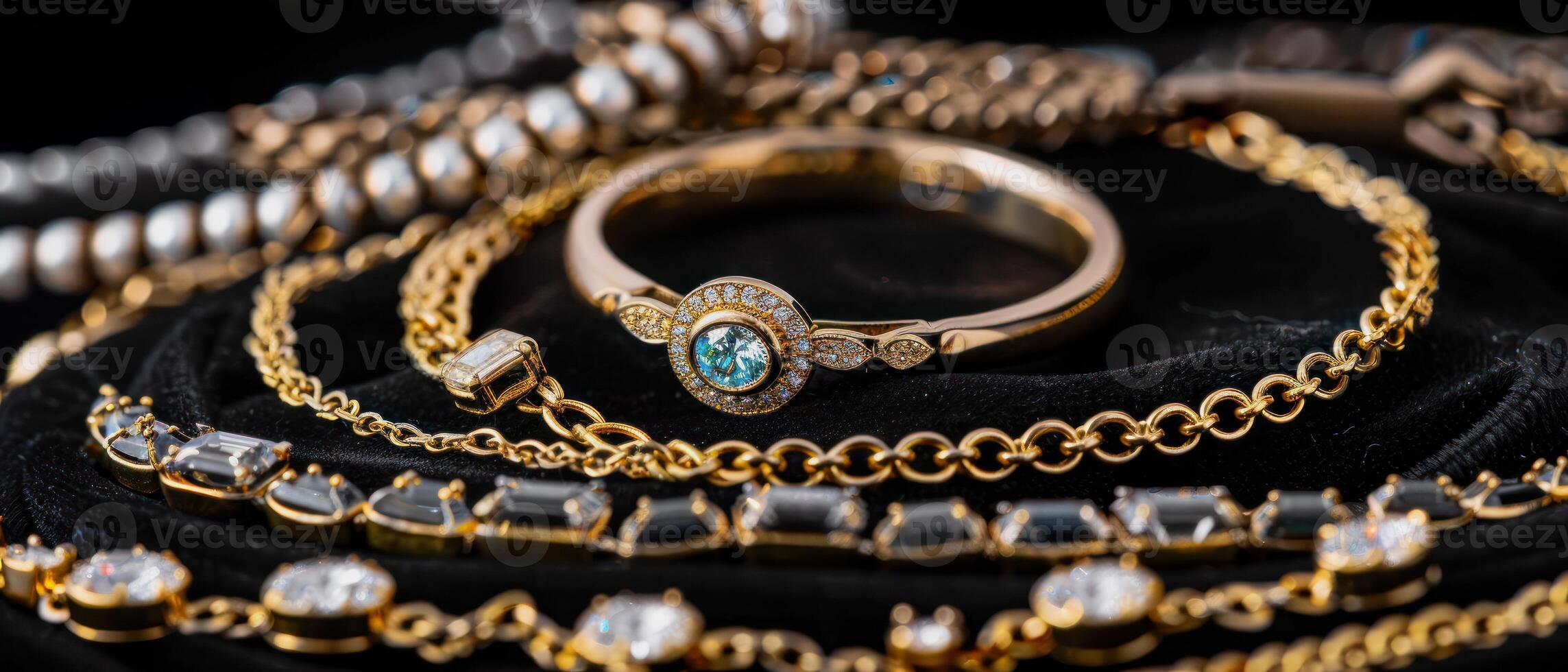 AI generated illustration of diamond-studded gold jewelry with chains and a ring photo