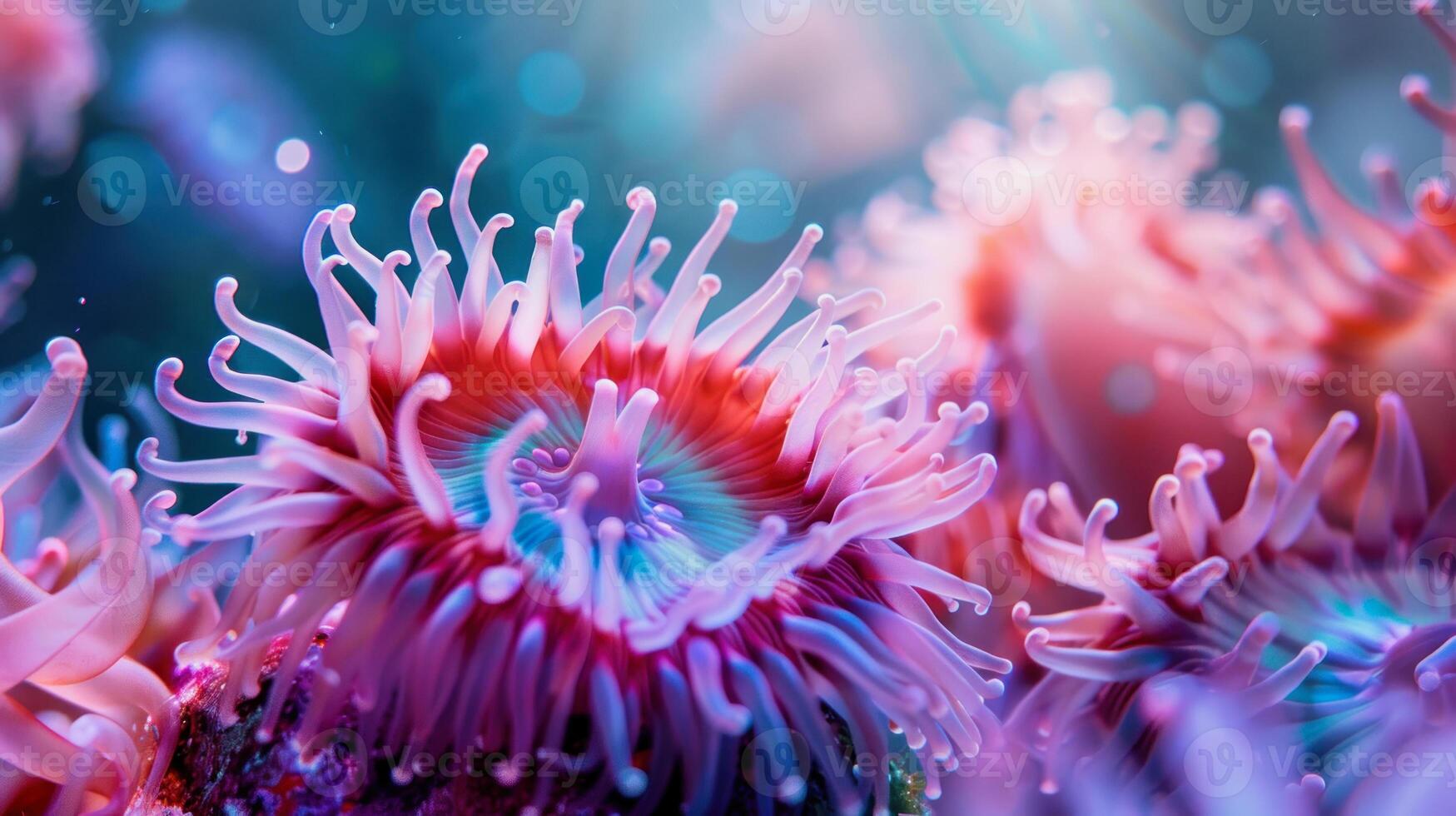 AI generated close-up of an purple-colored sea anemone photo