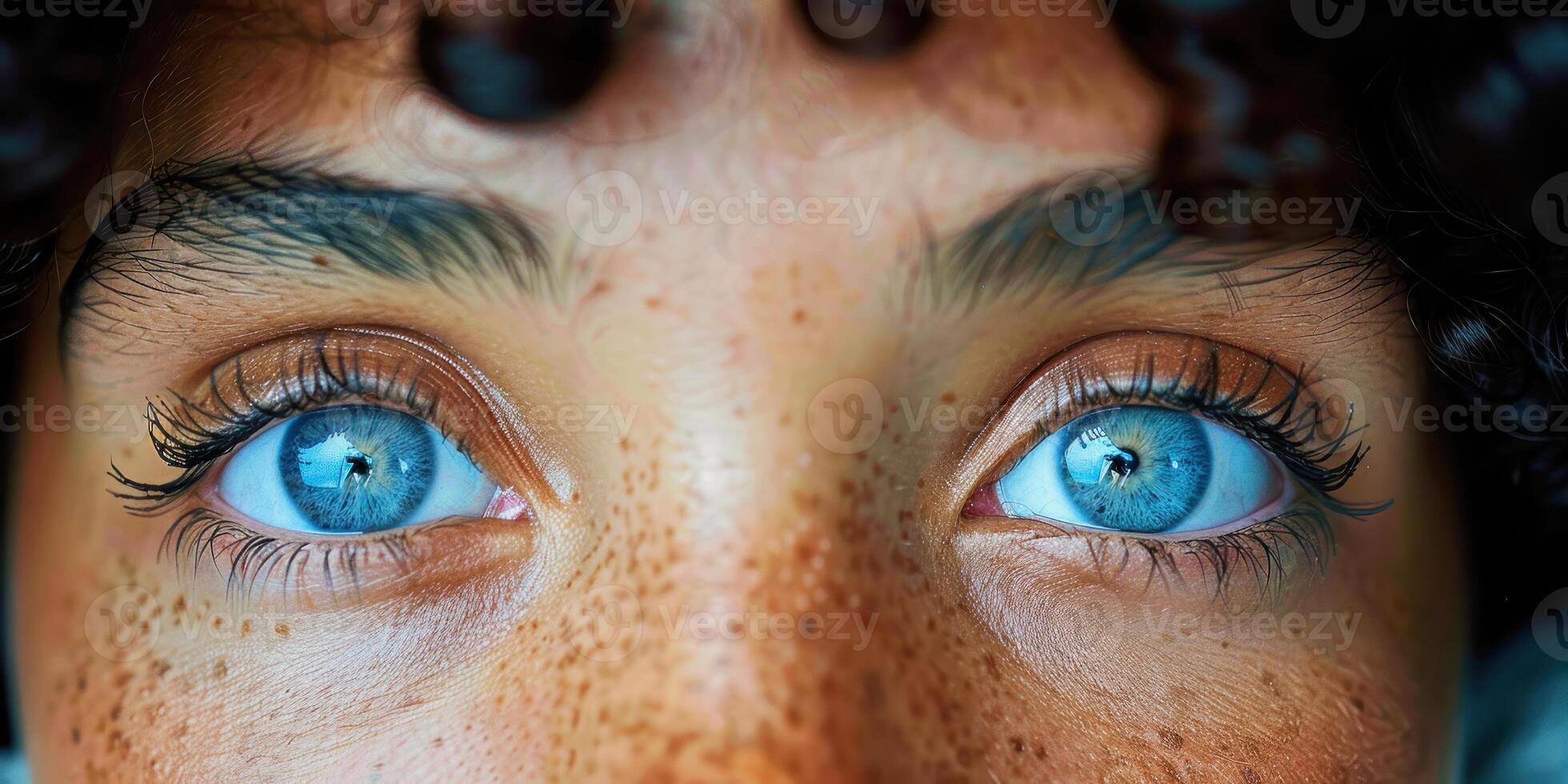 AI generated illustration of portait cut out with close up on blue eyes and dark hair, tanned skin with freckles photo