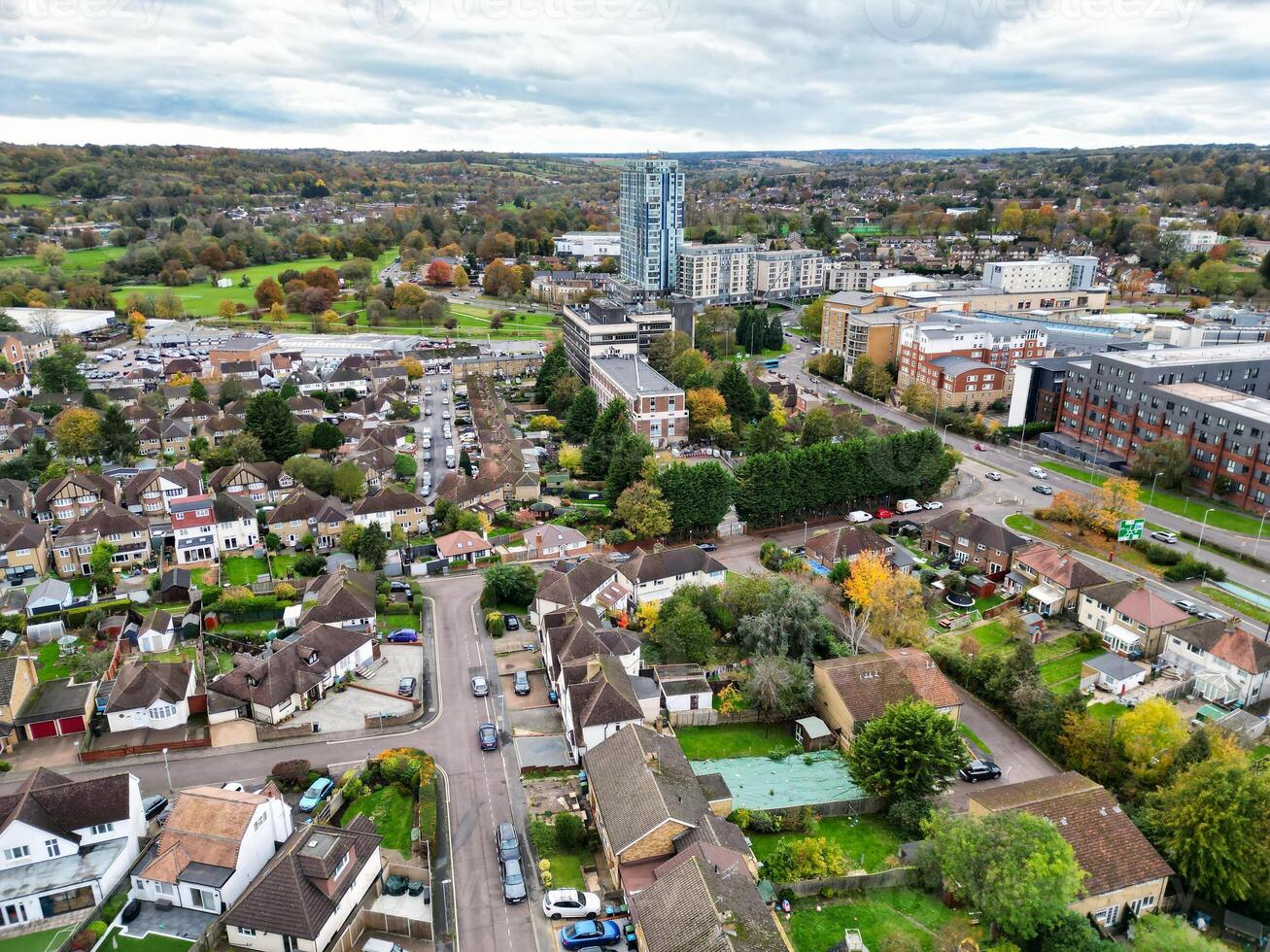 Aerial View of Residential District and Real Estate Homes at Hemel Hempstead City of England UK. November 5th, 2023 photo