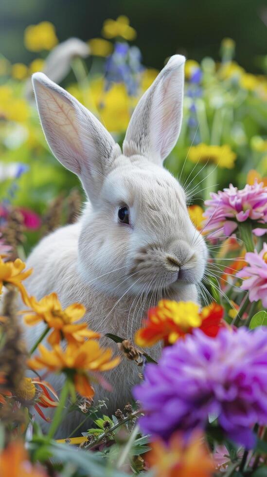 AI generated Rabbit in a healthy flowers field photo