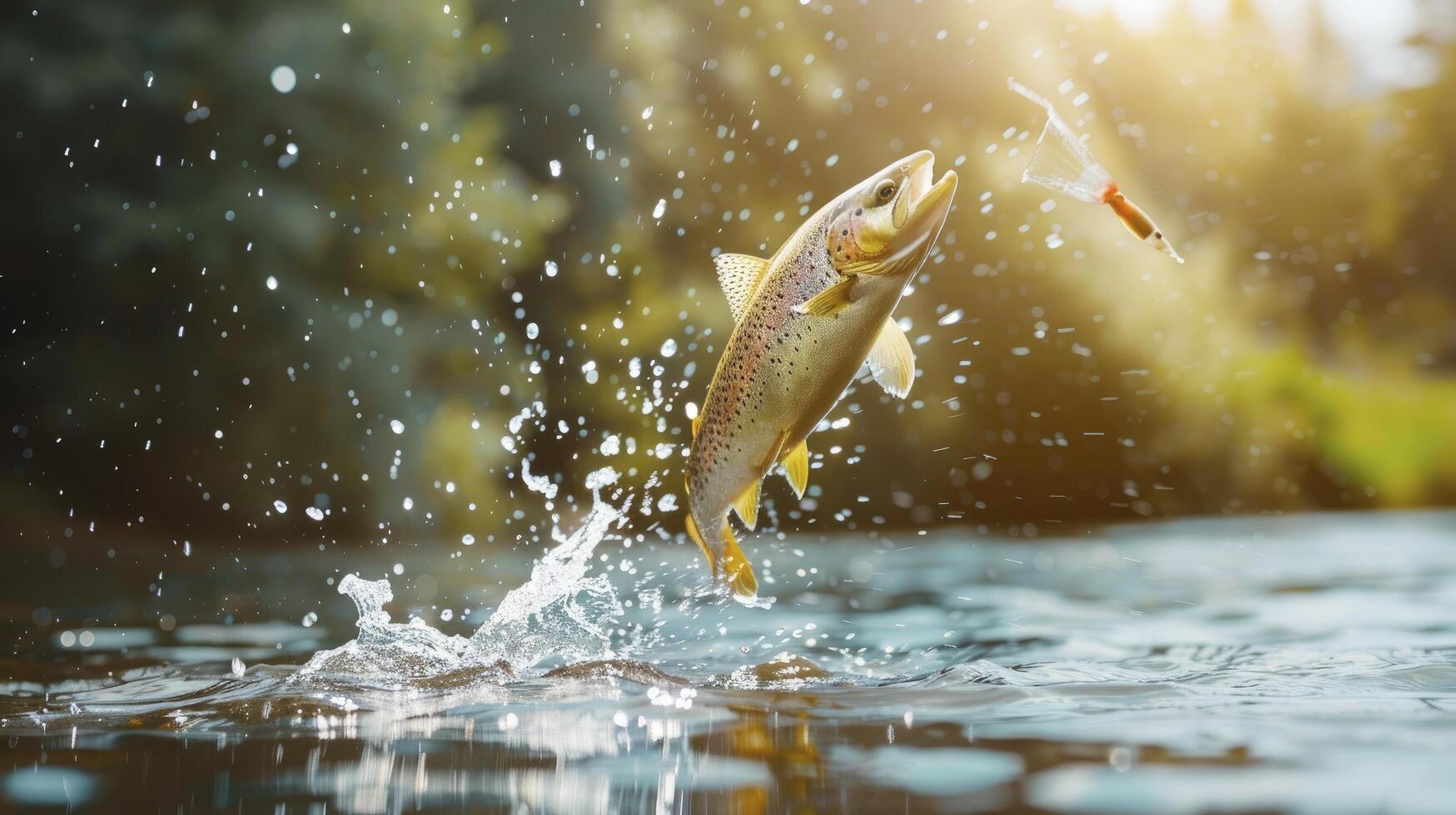 AI generated Trout jumping out from the water. Fishing concept photo