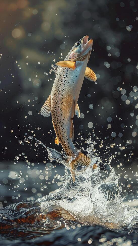 AI generated Trout jumping out from the water. Fishing concept photo