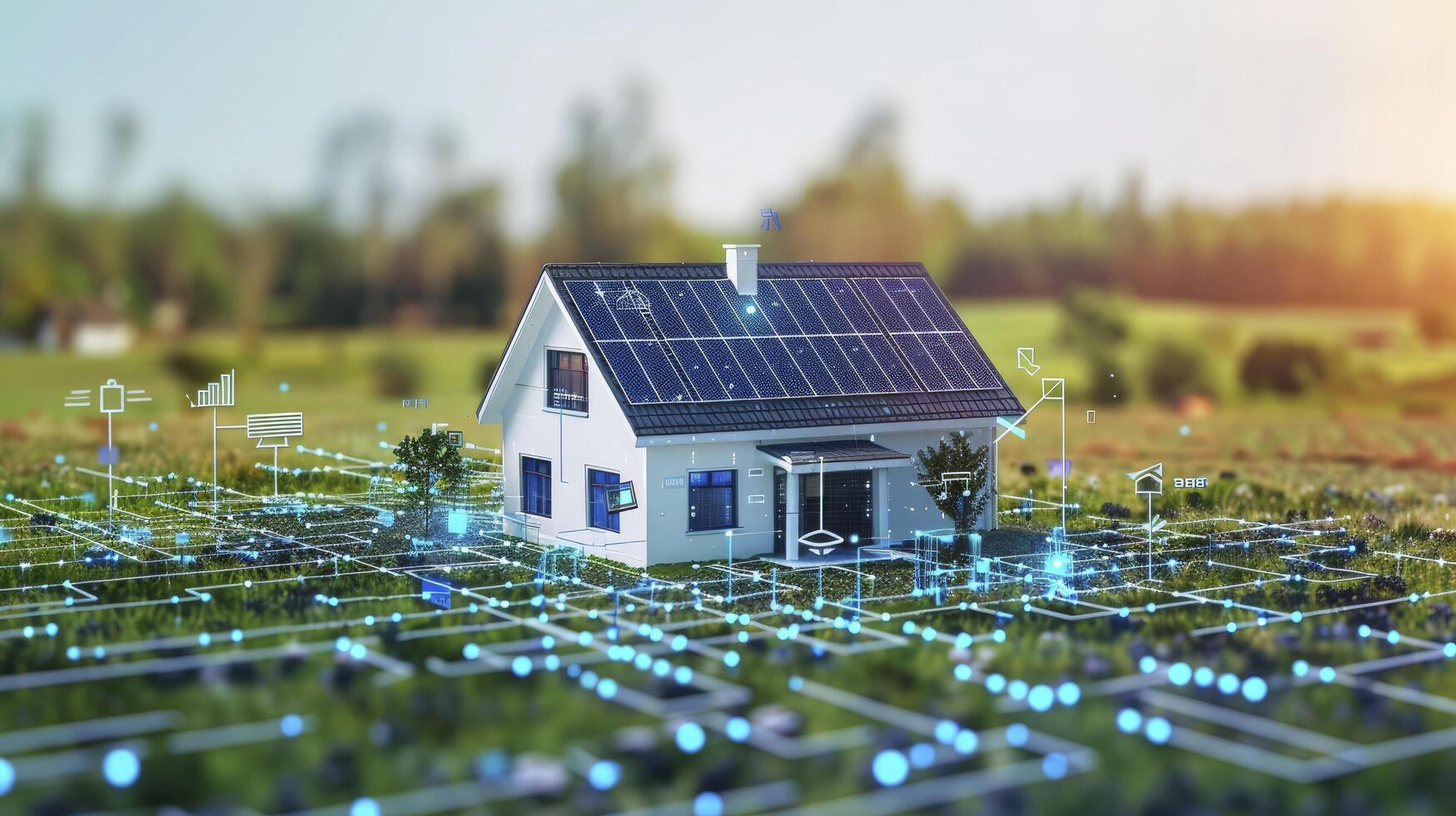 AI generated Solar connected house with many solar panels around it, in the style of digital. photo