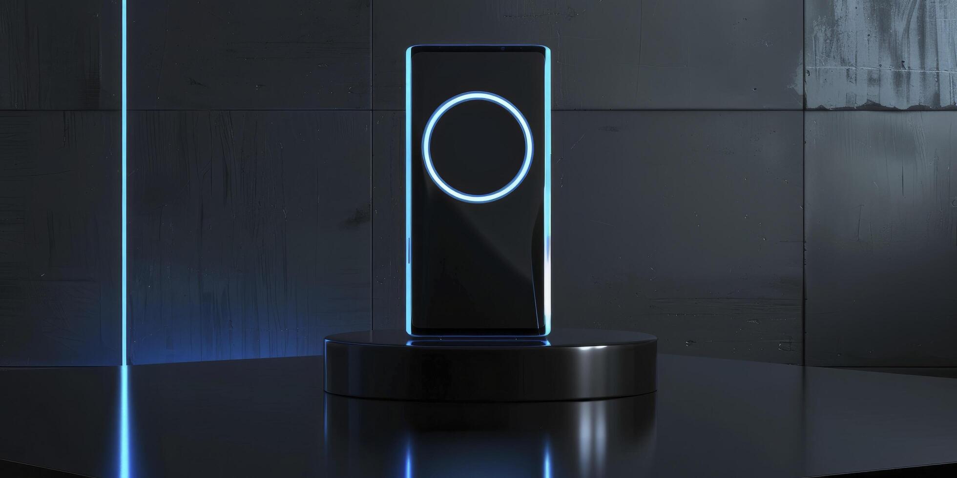 AI generated A mockup featuring sleek futuristic lightbox retail displays in black, accented with blue lights. Positioned above a glossy black table is a lightbox ring showcasing smartphones. photo