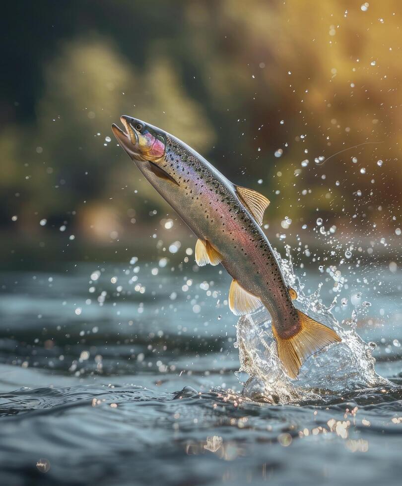 AI generated Trout jumping out from the water. Fishing concept photo