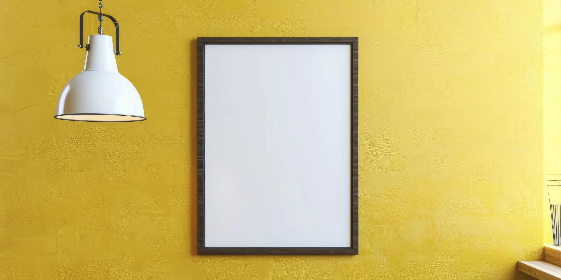 AI generated Gallery Inspiration, Blank Picture Frame on Vibrant Yellow Wall with Hanging Lamp. Perfect Photo Frame or Poster Template Mockup