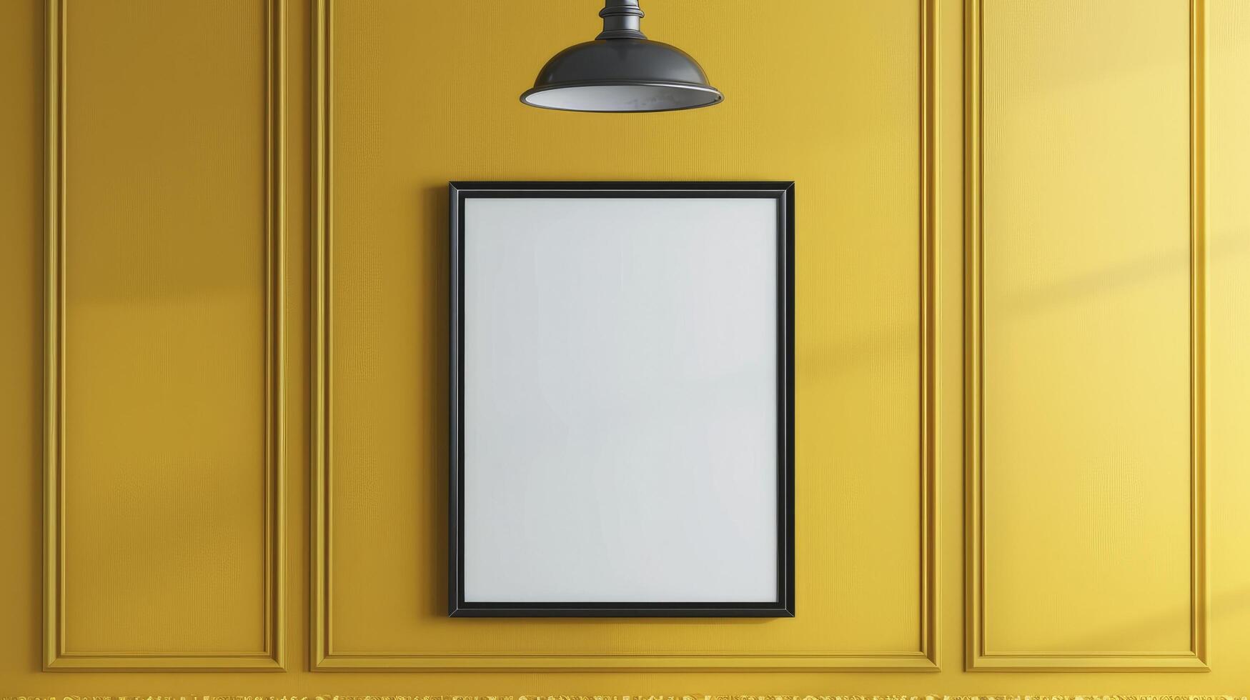 AI generated Gallery Inspiration, Blank Picture Frame on Vibrant Yellow Wall with Hanging Lamp. Perfect Photo Frame or Poster Template Mockup