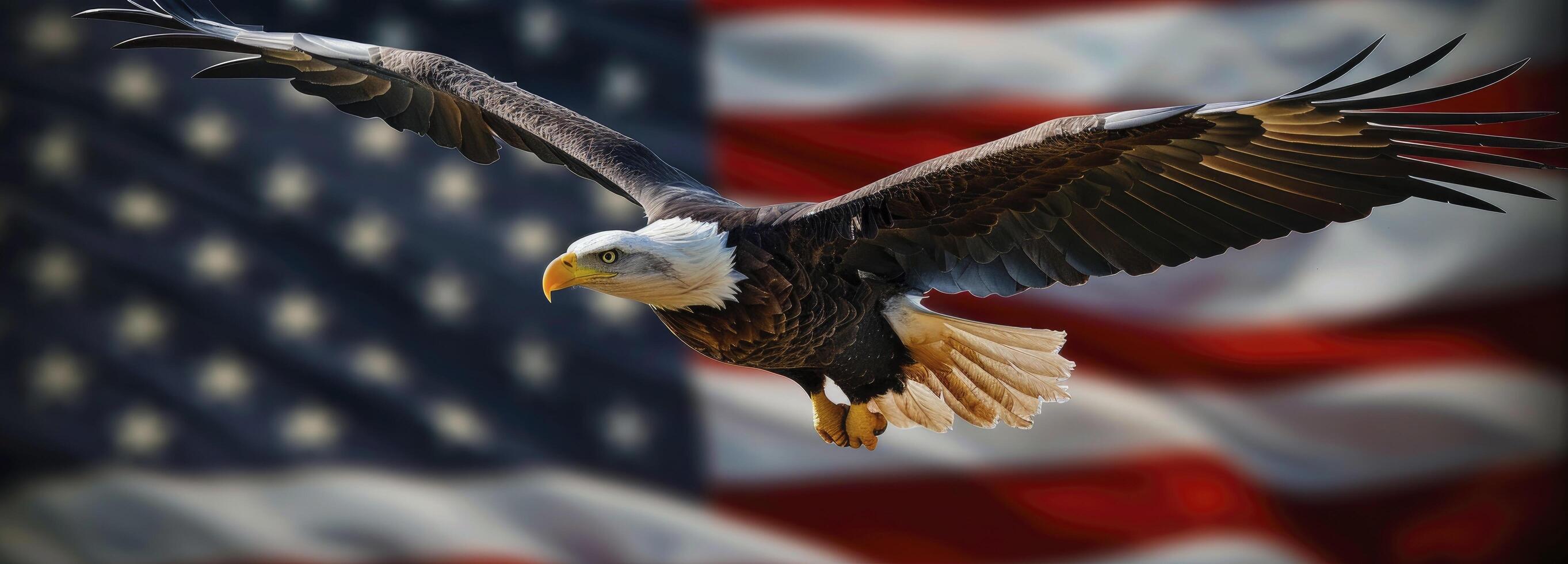 AI generated Majestic Eagle Soaring Against the American Flag, Symbolizing Strength and Unity in Celebration of Independence Day. photo