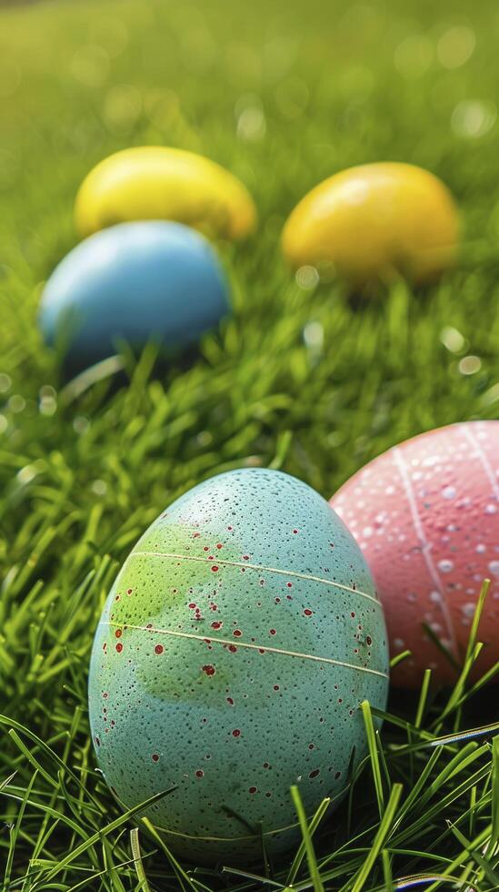 AI generated Colorful easter eggs on the green grass photo