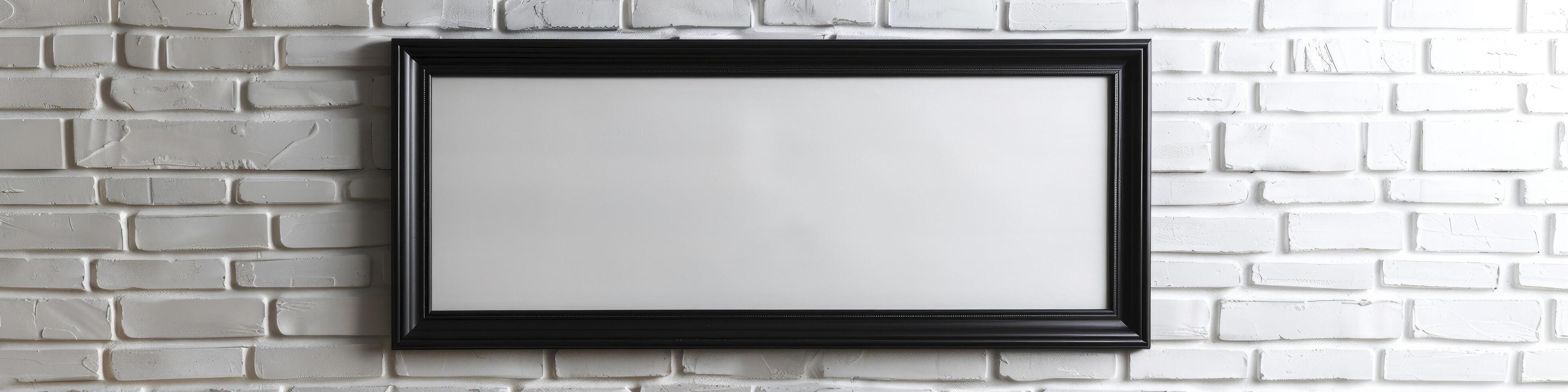 AI generated Minimalist Elegance, Blank Black Mounted Portrait Frame Against a White Brick Wall photo