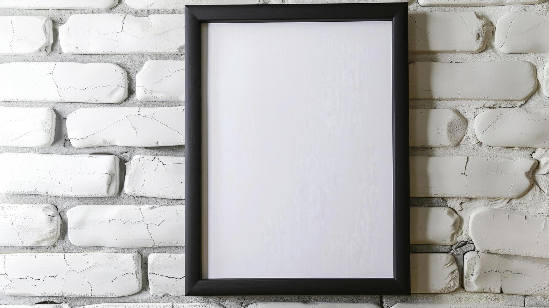 AI generated Minimalist Elegance, Blank Black Mounted Portrait Frame Against a White Brick Wall photo