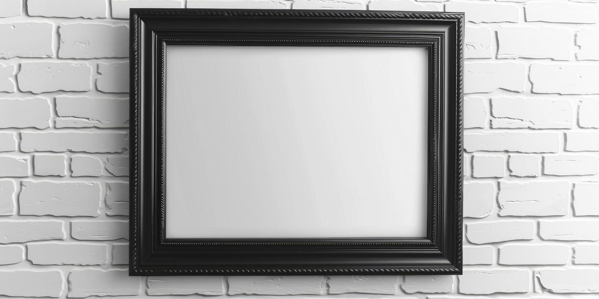 AI generated Minimalist Elegance, Blank Black Mounted Portrait Frame Against a White Brick Wall photo