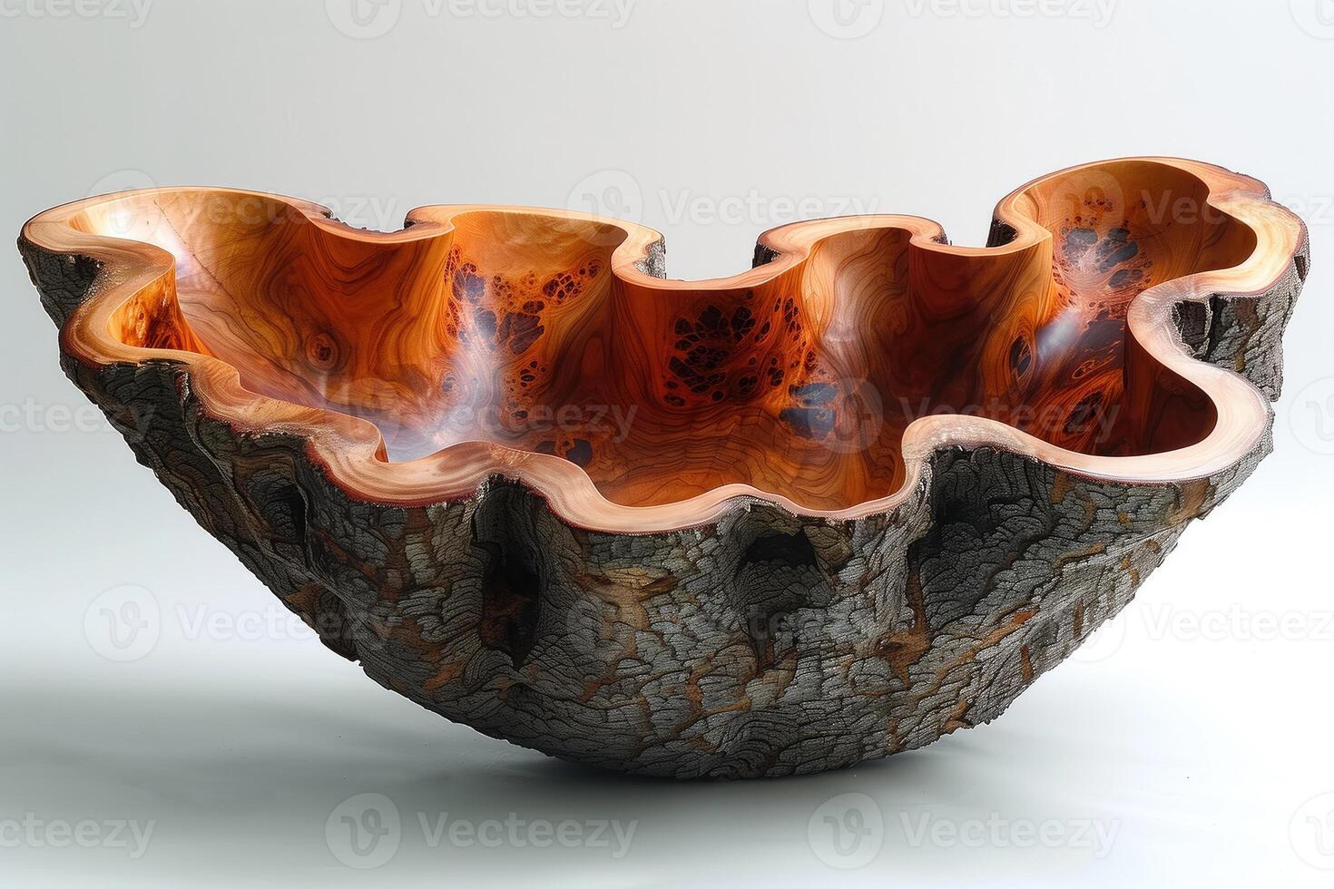 AI generated wooden bowl made of natural burl wood on a white background photo
