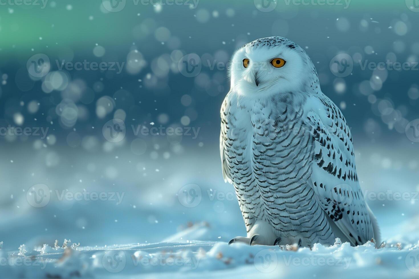 AI generated Snowy owl Bubo scandiacus sitting on a background of aurora photo