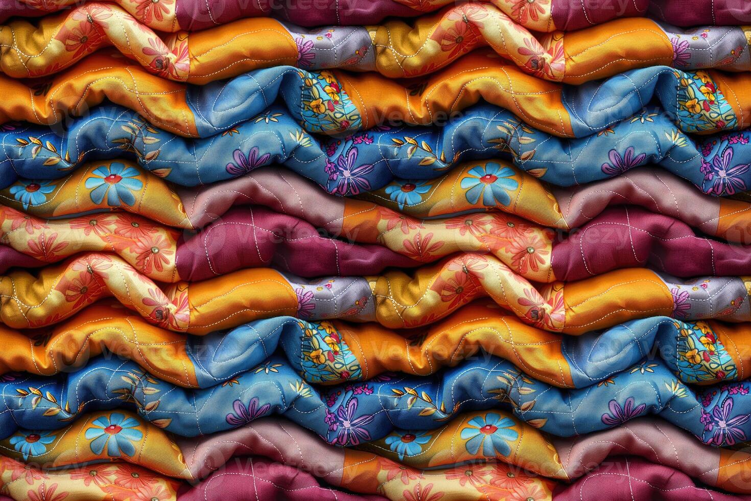 AI generated seamless textile background, folded colorful patchwork quilt made from pieces of fabric photo