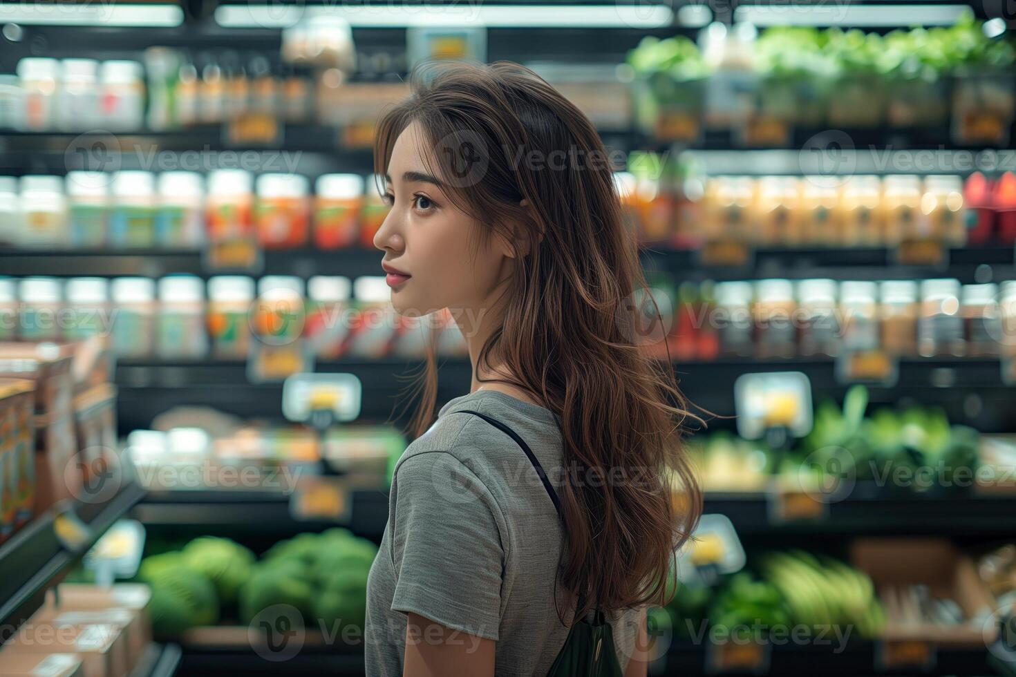 AI generated portrait of young asian woman standing in supermarket and looking away photo