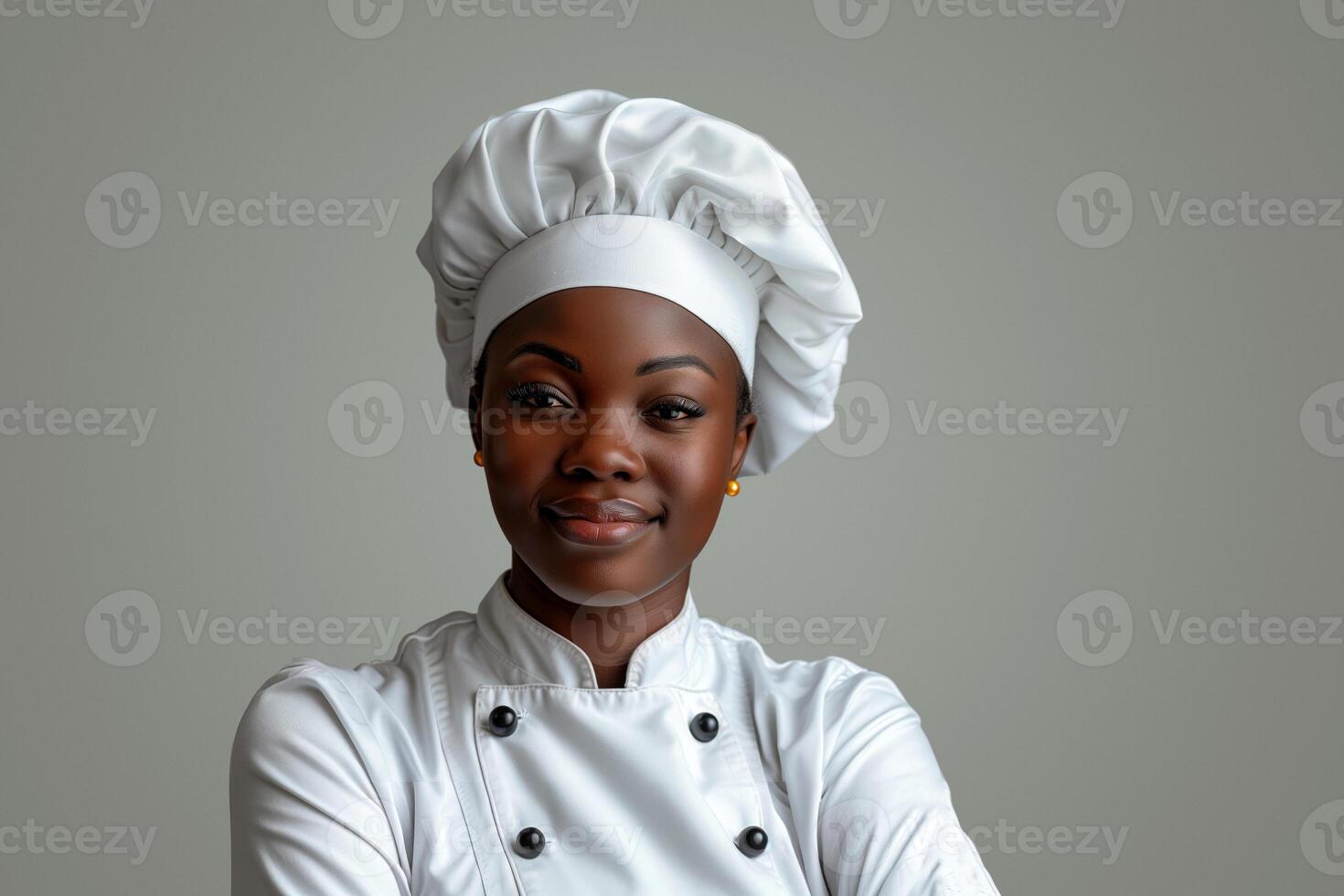 AI generated Young african american female chef in white uniform and hat. photo