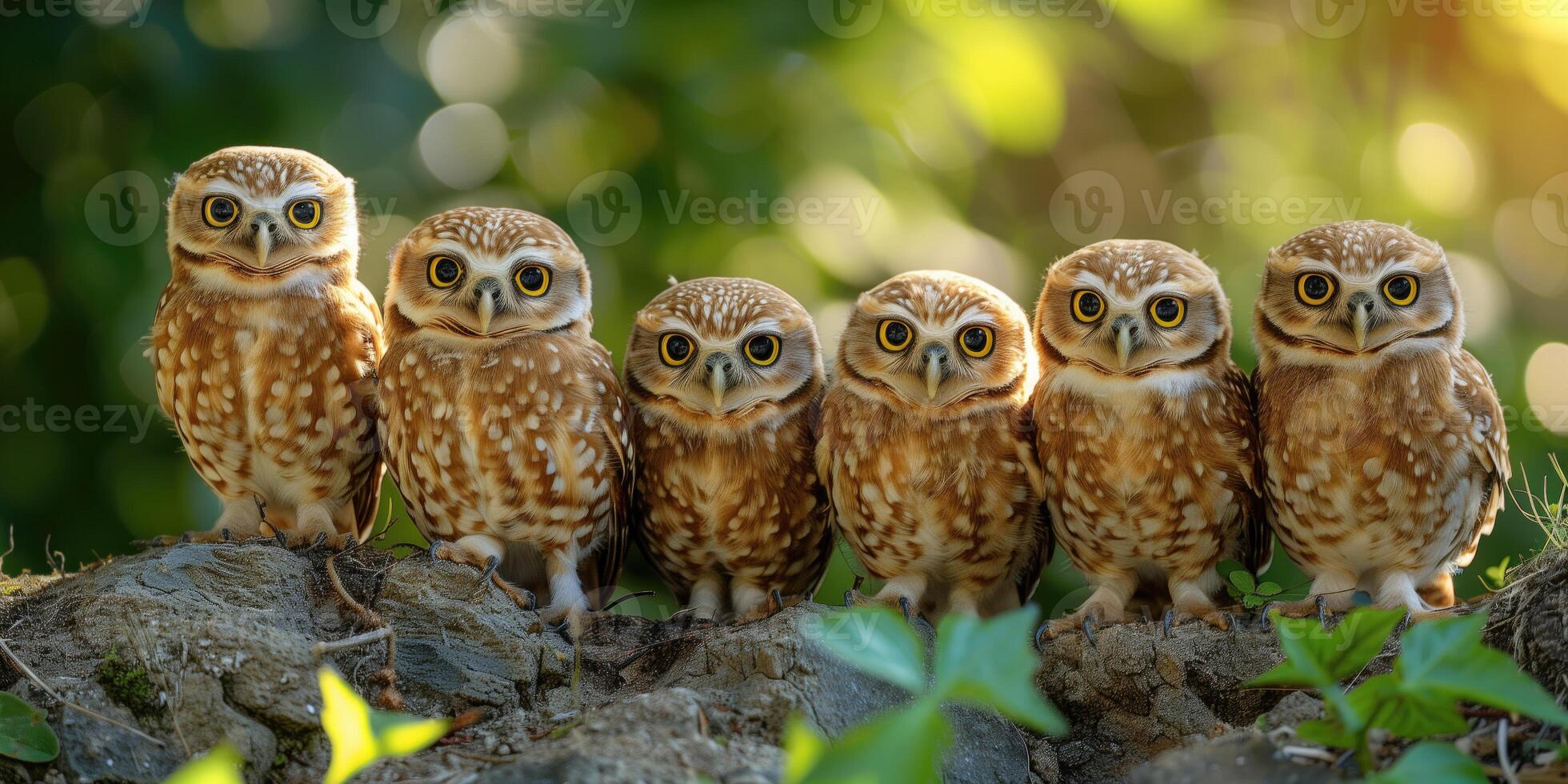 AI generated group of Burrowing owls Athene cunicularia in nature photo