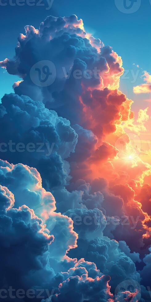 AI generated vertical sunset sky background with clouds and sunbeams, nature composition photo